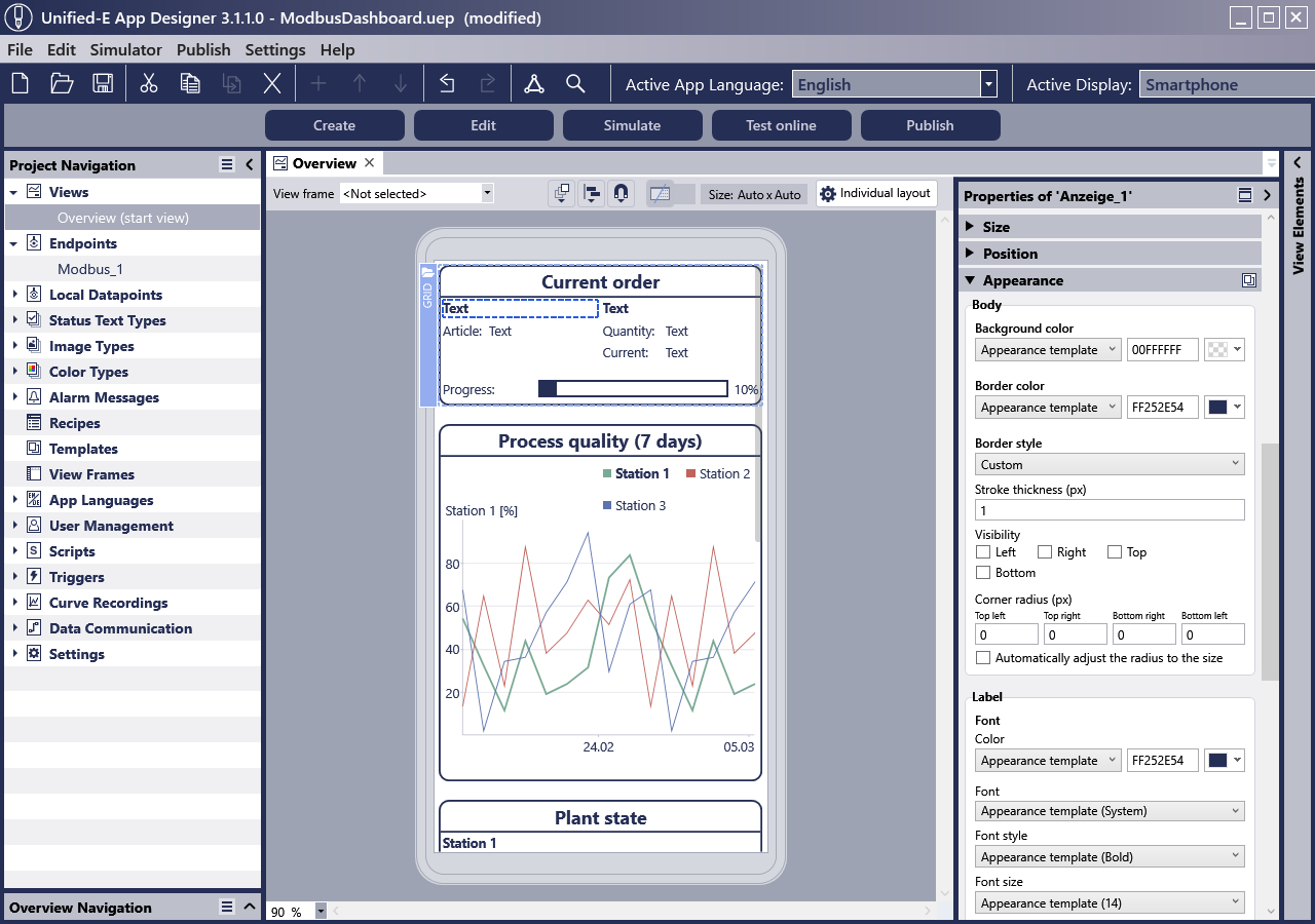 HMI editor for smartphone HMI – machine control with OPC UA & Modbus