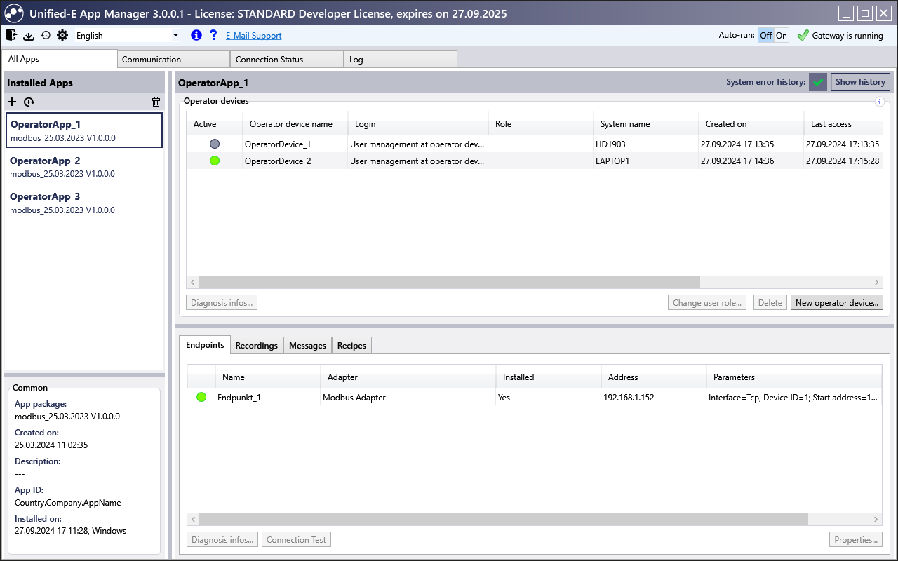 Registered HMI apps and operator devices can be easily managed in the Unified-E App Manager
