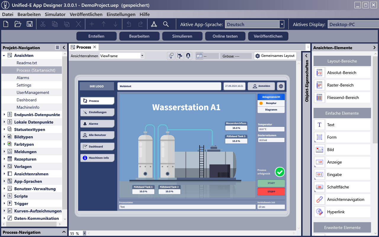 Die HMI-Software Unified-E ermöglicht die schnelle Erstellung von Maschinenbedienungen für die Automatisierungstechnik