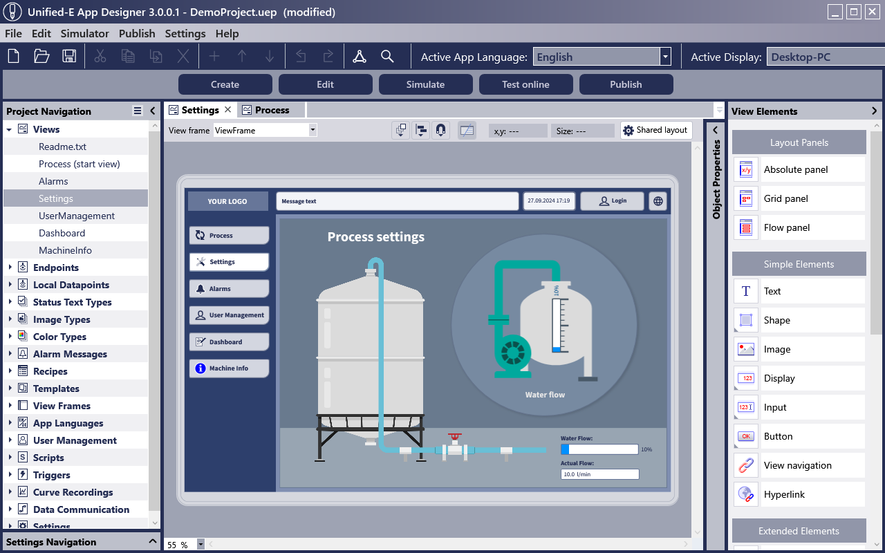 A plant operation with multiple operator stations is easily implemented with the Unified-E App Manager.
